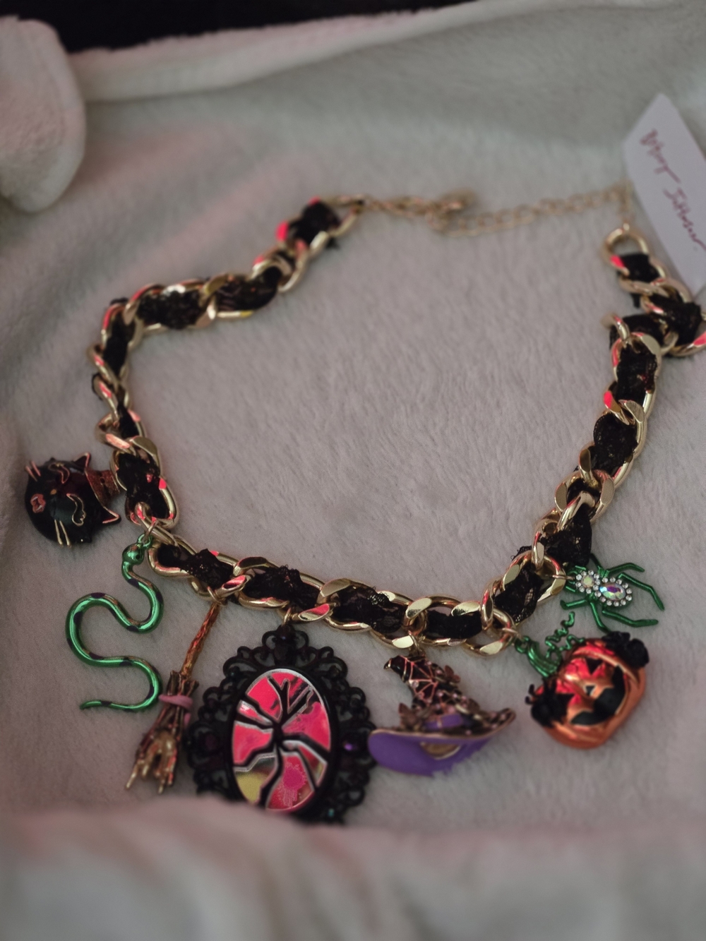 Gold Chain Halloween Charm Necklace with Black Braided Ribbon